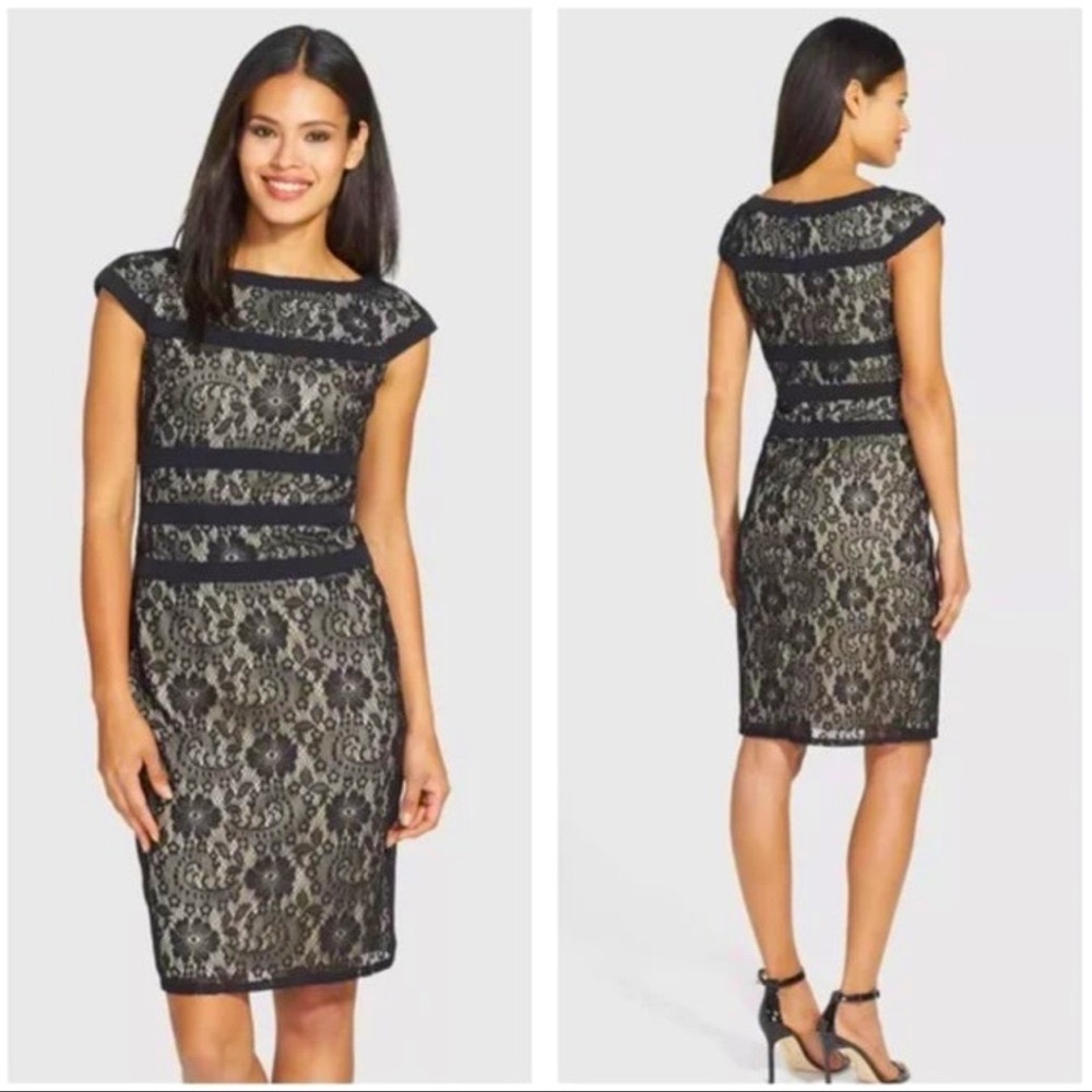 Adrianna Papell Black Lace Sheath Dress Formal Cocktail Party 4 Small